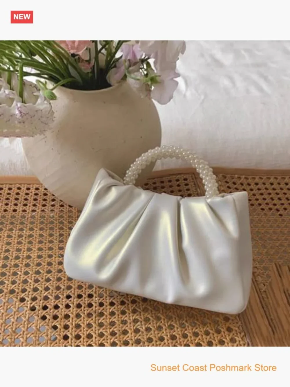 Small Pearl Leather Ruched Evening Clutch Purse with Crossbody Strap